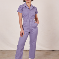 Soraya is 5’2” and wearing XXS Petite Short Sleeve Jumpsuit in Faded Grape