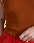Racerback Tank in Burnt Terracotta close up on Alex