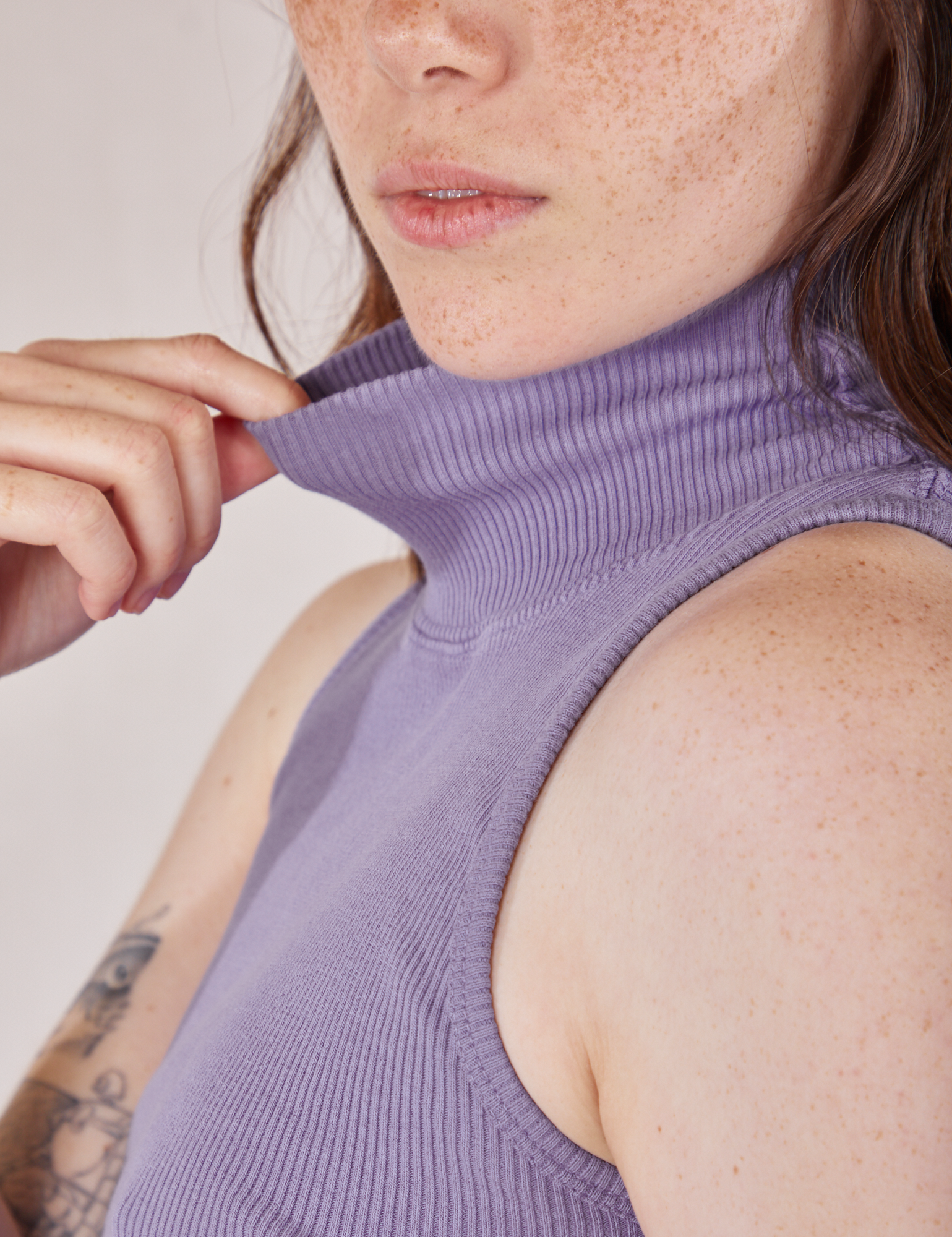 Close up of Sleeveless Essential Turtleneck in Faded Grape on Hana