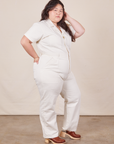 Angled view of Short Sleeve Jumpsuit in Vintage Tee Off-White worn by Ashley