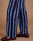Pant leg side view close up of Black Stripe Work Pants in Cornflower Blue on Anthony