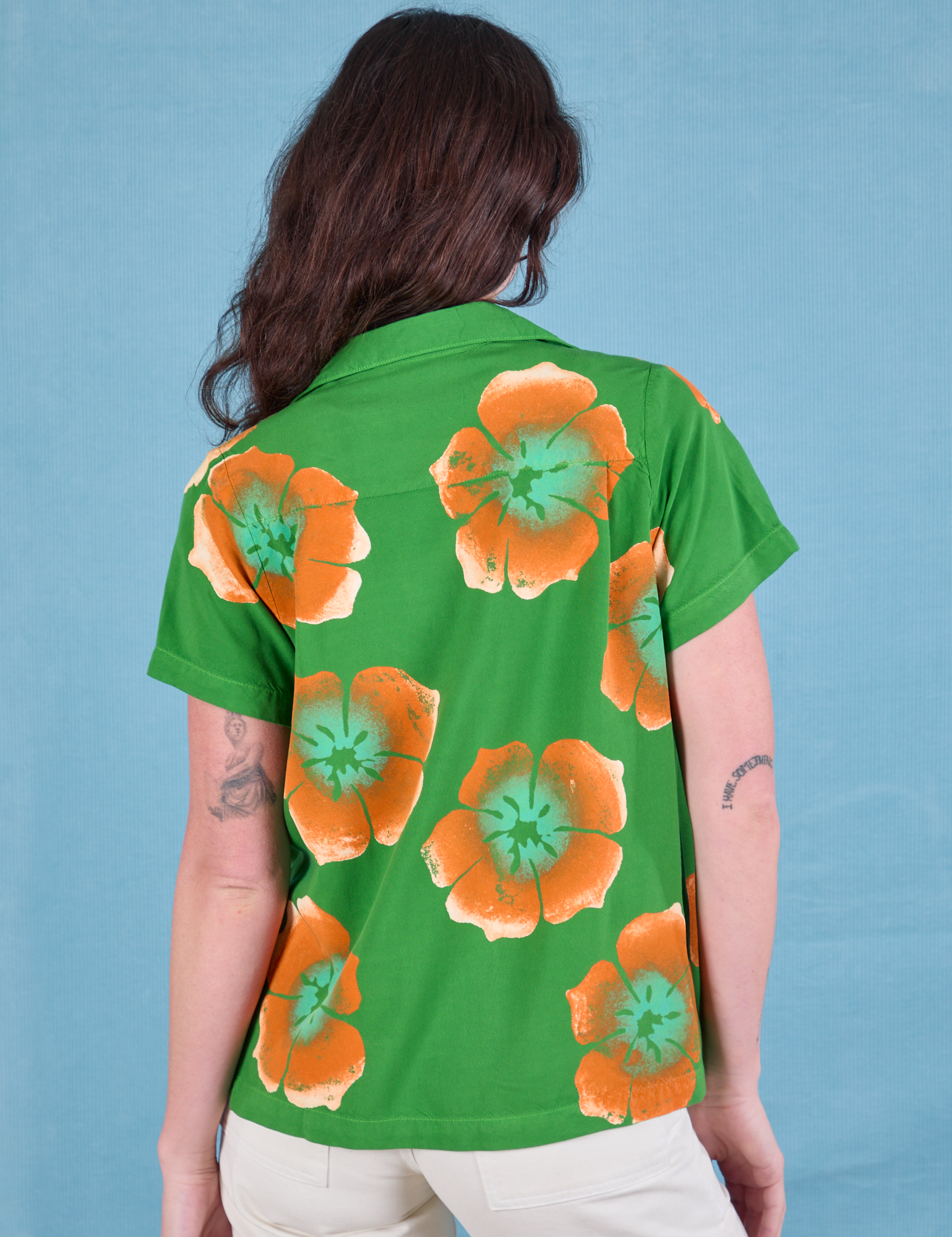 Paintstamped Pantry Button-Up in Kelly Green back view on Alex
