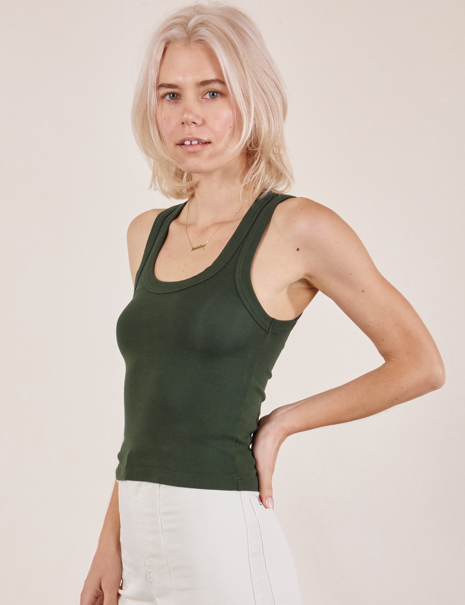 Tank Top in Swamp Green side view on Madeline