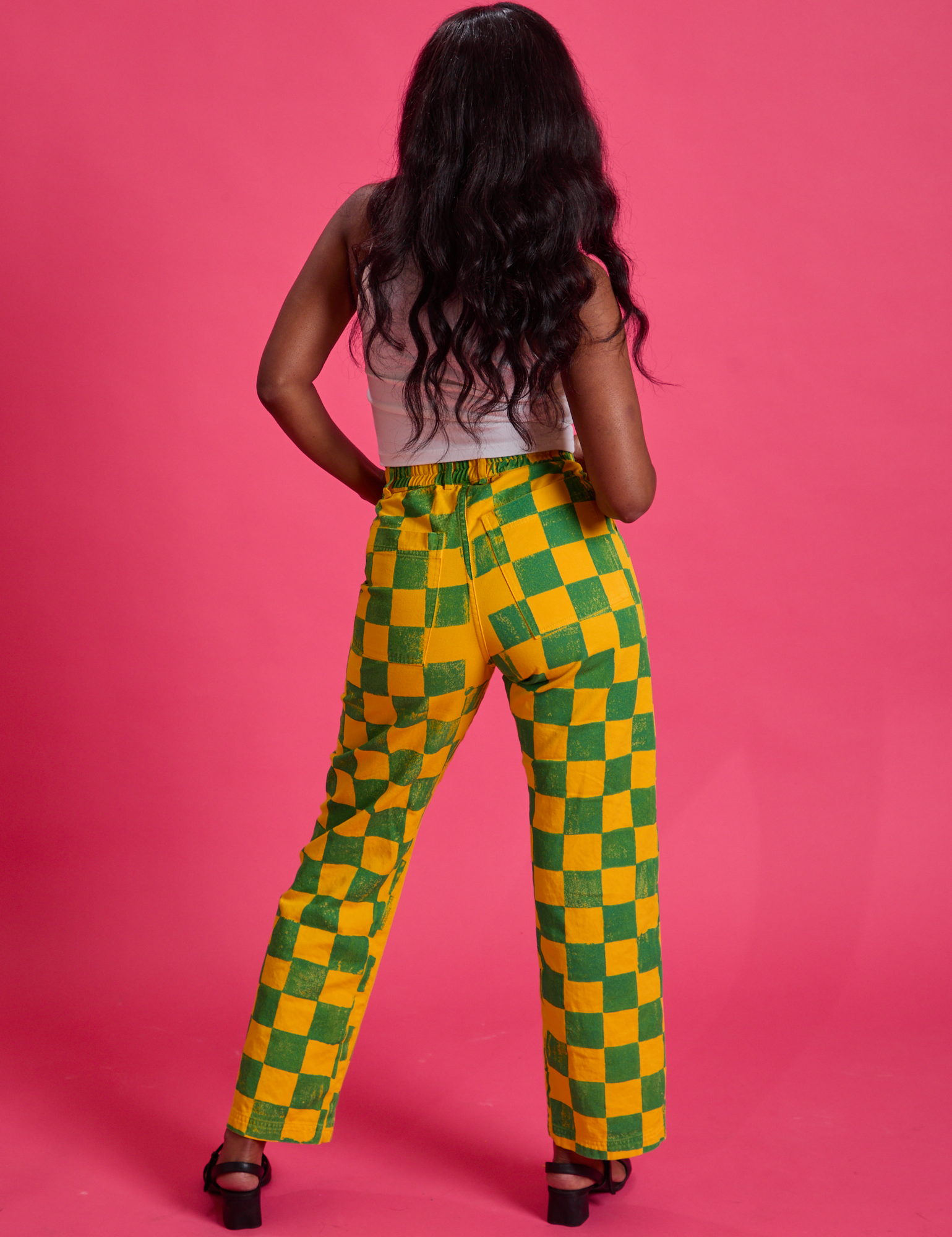 Checkerboard Work Pants in Green/Yellow back view on Kandia