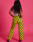 Checkerboard Work Pants in Green/Yellow back view on Kandia