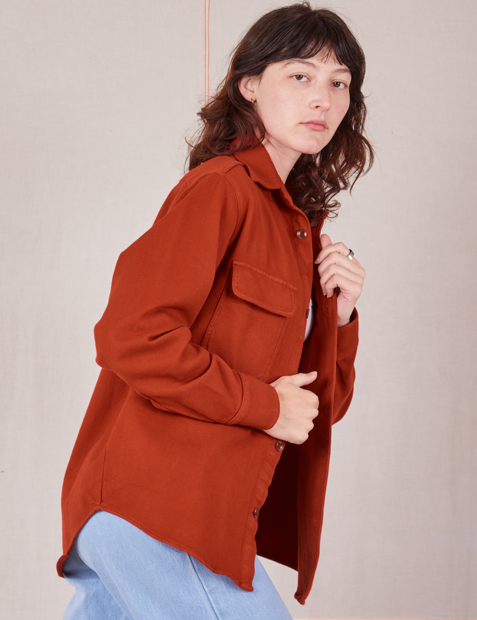 Side view of Flannel Overshirt in Paprika on Alex