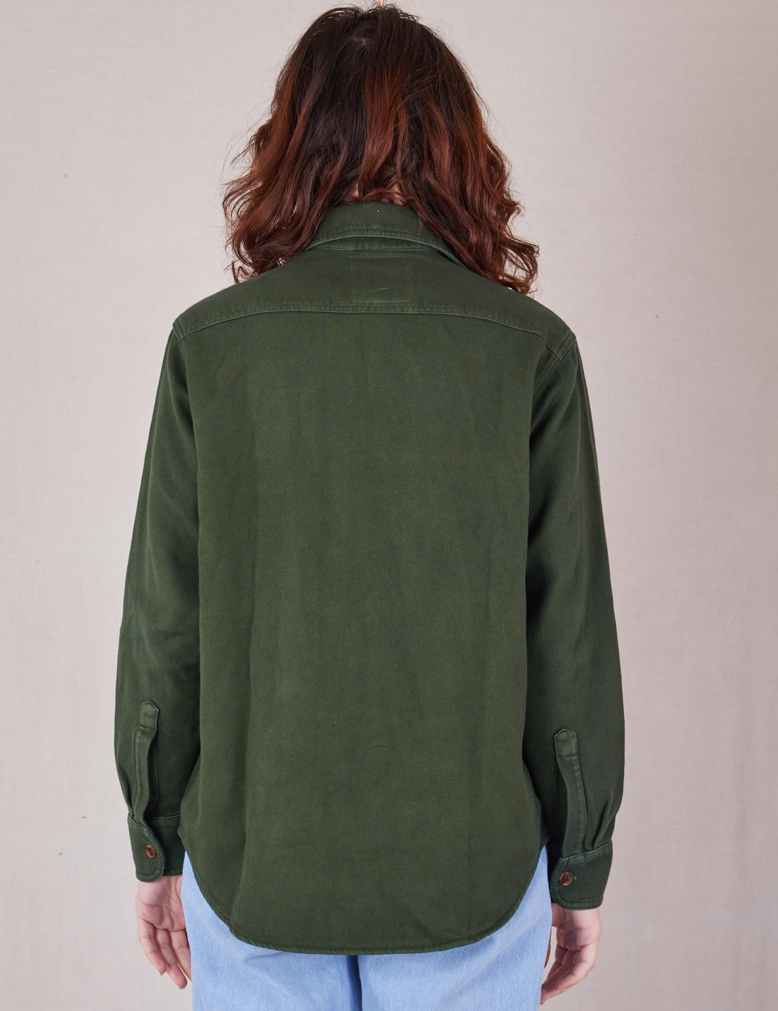 Back view of Flannel Overshirt in Swamp Green on Alex