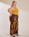 Side view of Magic Waters Drop Pocket Pants in Honey Brown and mustard yellow Cropped Tank on Juliet