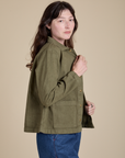 Denim Work Jacket in Surplus Green side view on Alex