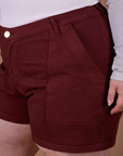 Classic Work Shorts in Red Wine close up on Ashley