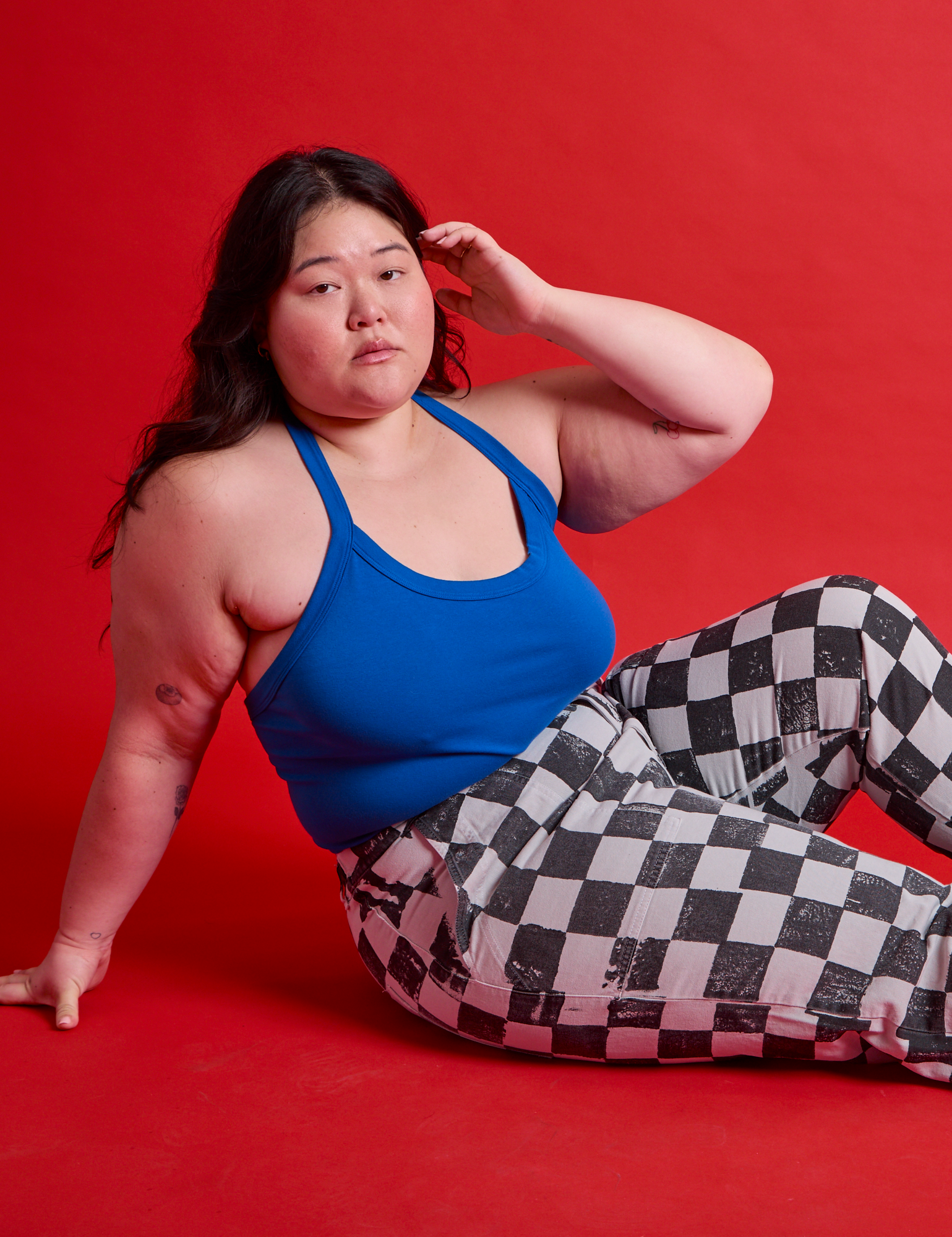 Checkerboard Work Pants in Black/White and royal blue Halter Top on Ashley