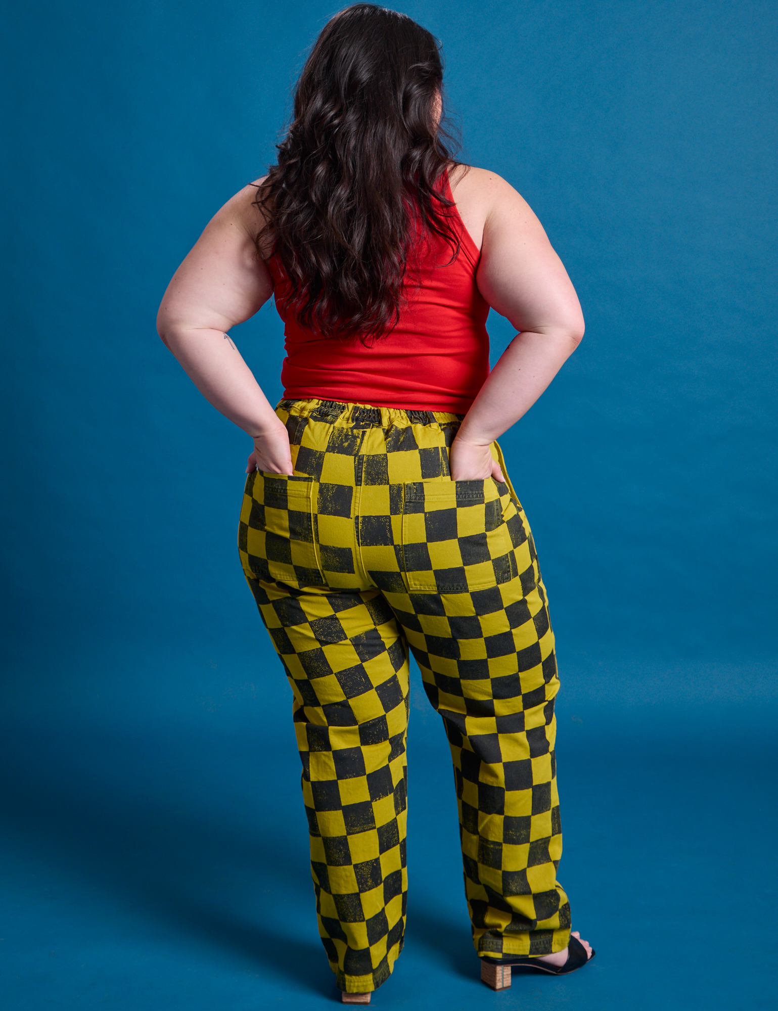 Checkerboard Work Pants in Yellow/Black back view on Ashley