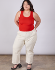 Ashley is wearing Tank Top in Mustang Red and vintage tee off-white petite Work Pants