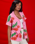 Cherry Pantry Button-Up angled front view on Kandia