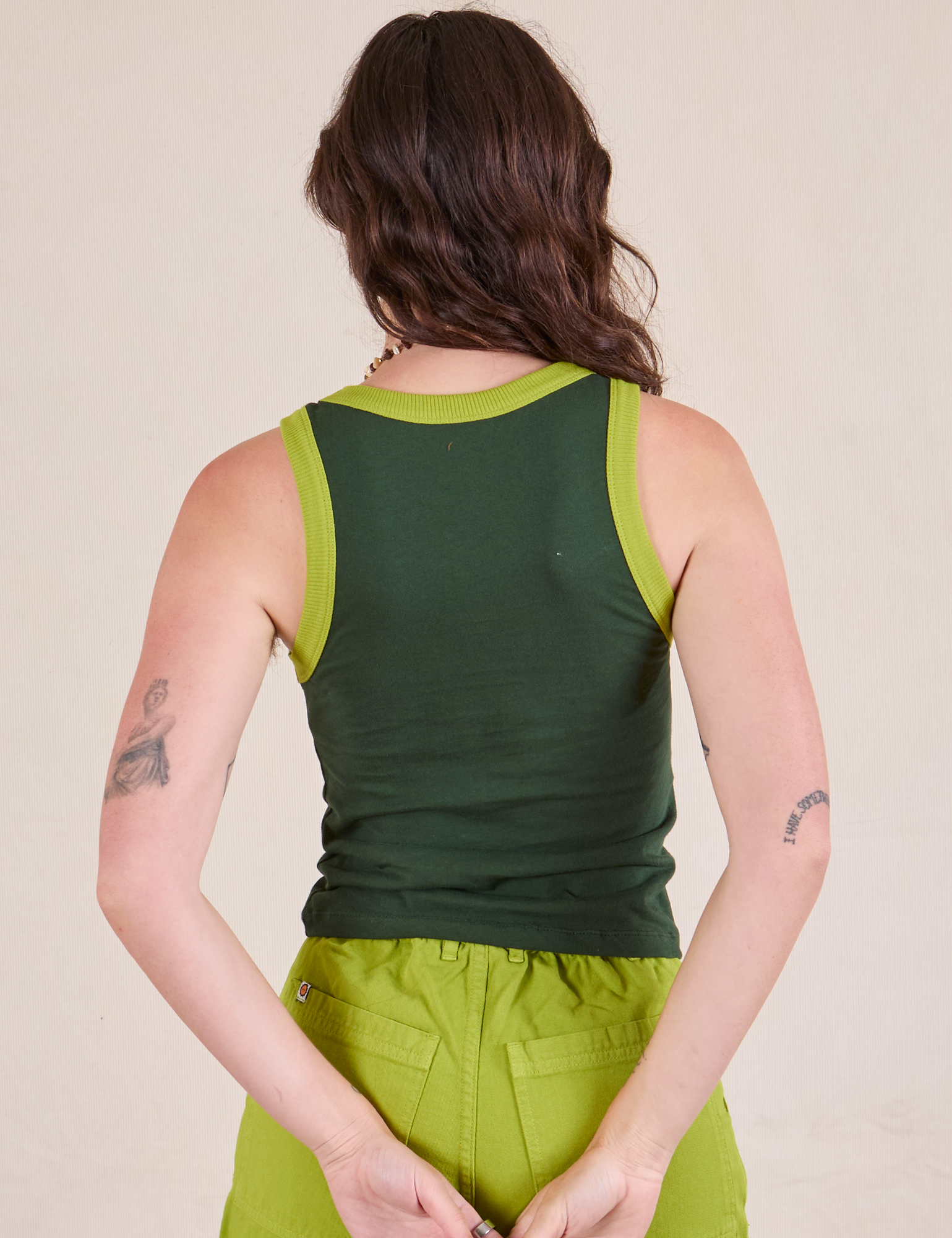 Colorblock Cropped Tank in Swamp Green back view on Alex
