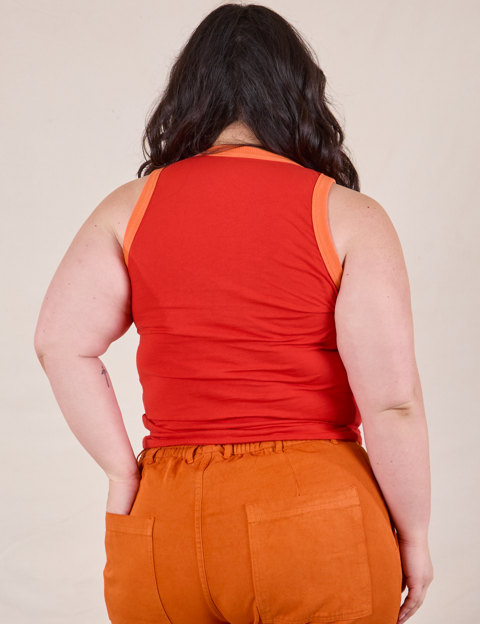 Colorblock Cropped Tank in Mustang Red back view on Ashley