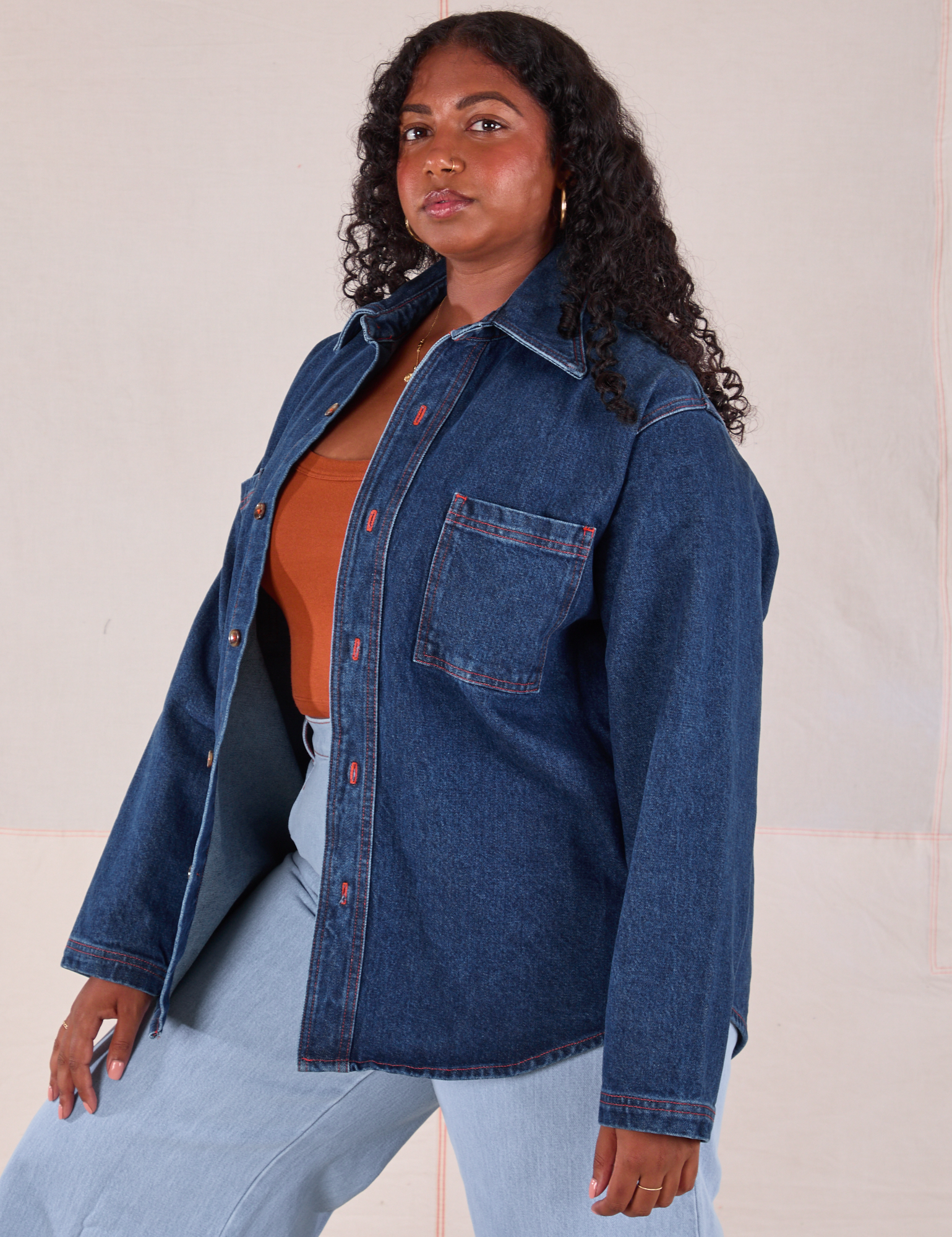 Denim Overshirt in Dark Wash front angle on Meghna