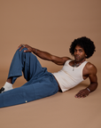 Drop Pocket Cargo Pants in French Blue and Tank Top in vintage tee white worn by Jerrod