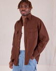 Flannel Overshirt in Fudgesicle Brown angled front view on Isaac