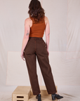 Back view of Overdyed Denim Trouser in Fudge and Cropped Tank in Burnt Terracotta