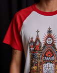 Short Sleeve Raglan Tee in Gates of Hell sleeve close up on Anthony
