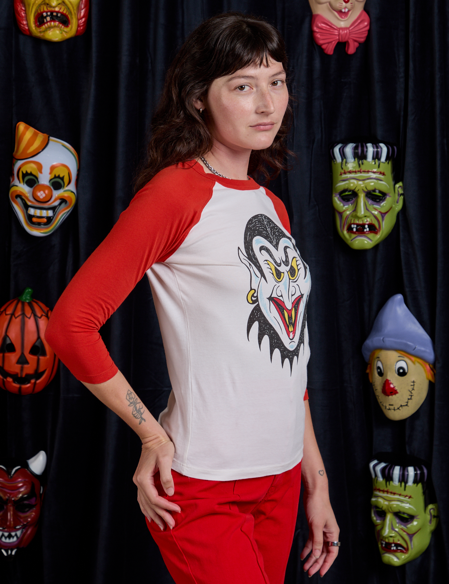 Raglan Tee in Dracula angled front view on Alex