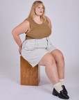 Pleated Trouser Shorts in Dishwater White and Muscle Tee in Desert Brown on Juliet