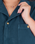 Heritage Short Sleeve Jumpsuit in Lagoon front close up on Katie