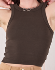 Racerback Tank in Espresso Brown close up on Alex