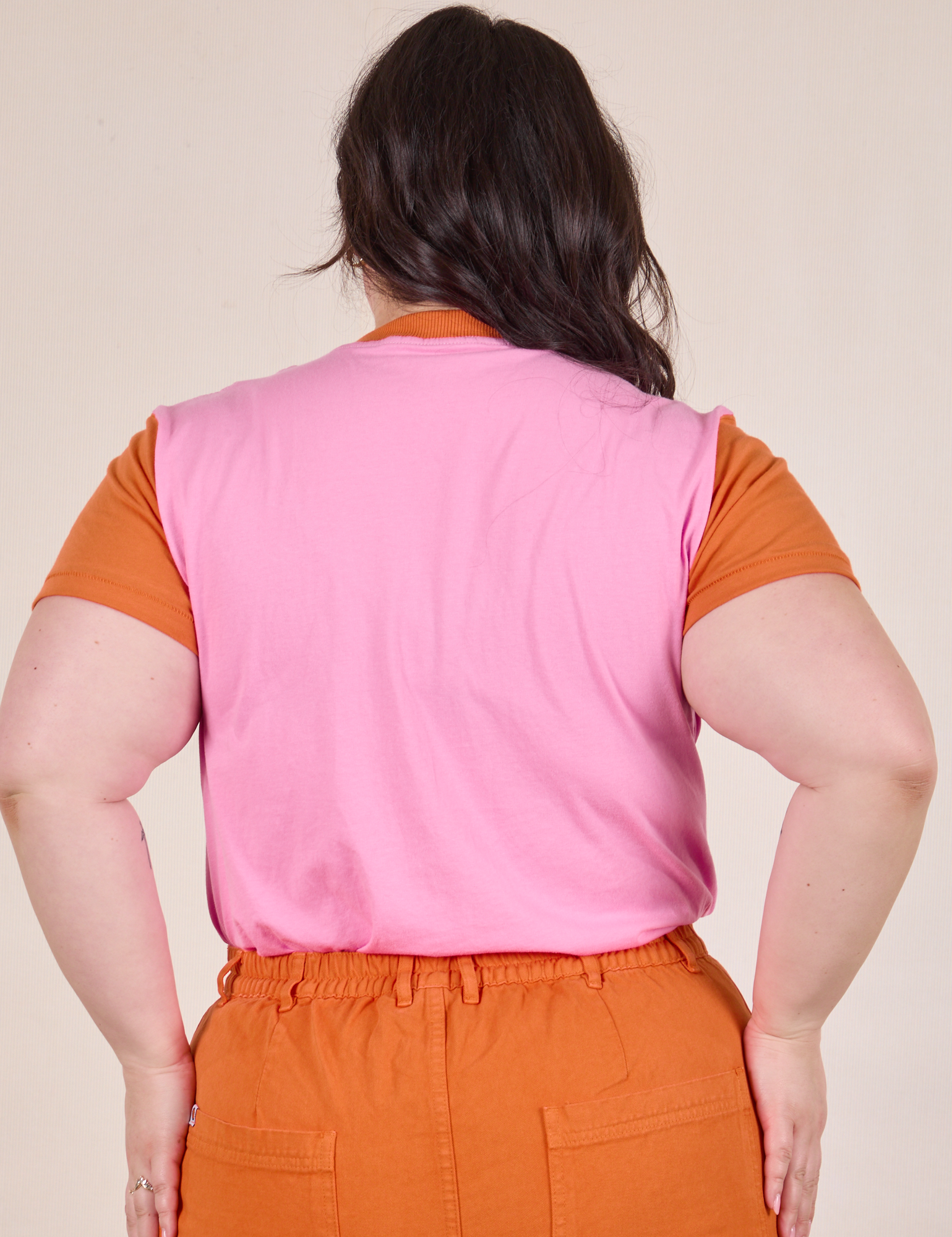 Mismatched Tee in Pink & Orange back view on Alex