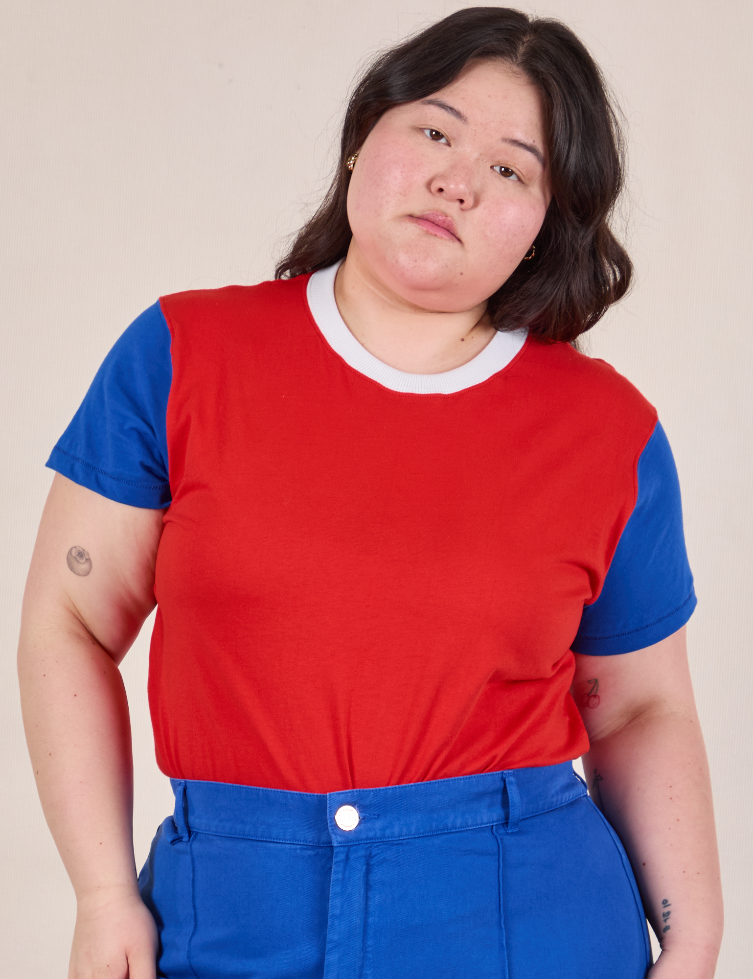 Mismatched Tee in Red & Blue worn by Ashley