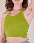 Halter Top in Gross Green front close up on Alex