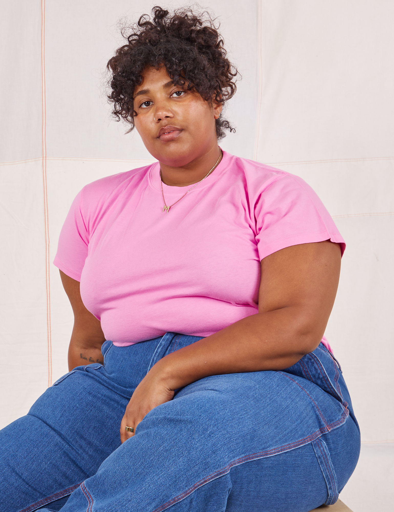 Morgan is wearing Organic Vintage Tee in Bubblegum Pink