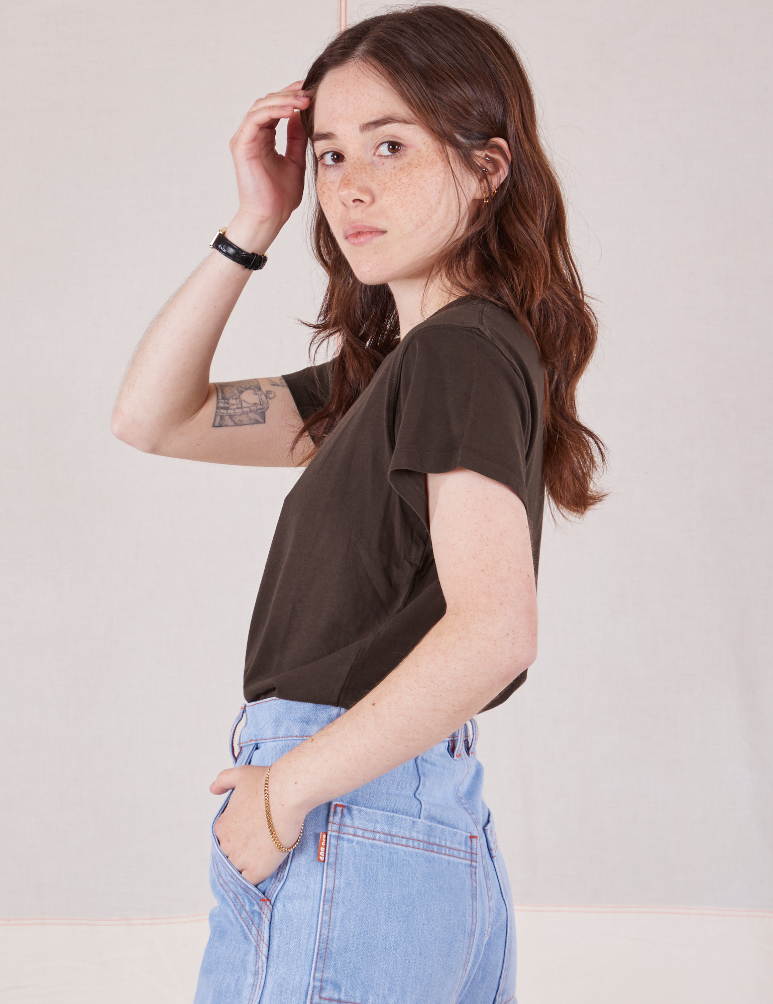 Organic Vintage Tee in Espresso Brown side view on Hana