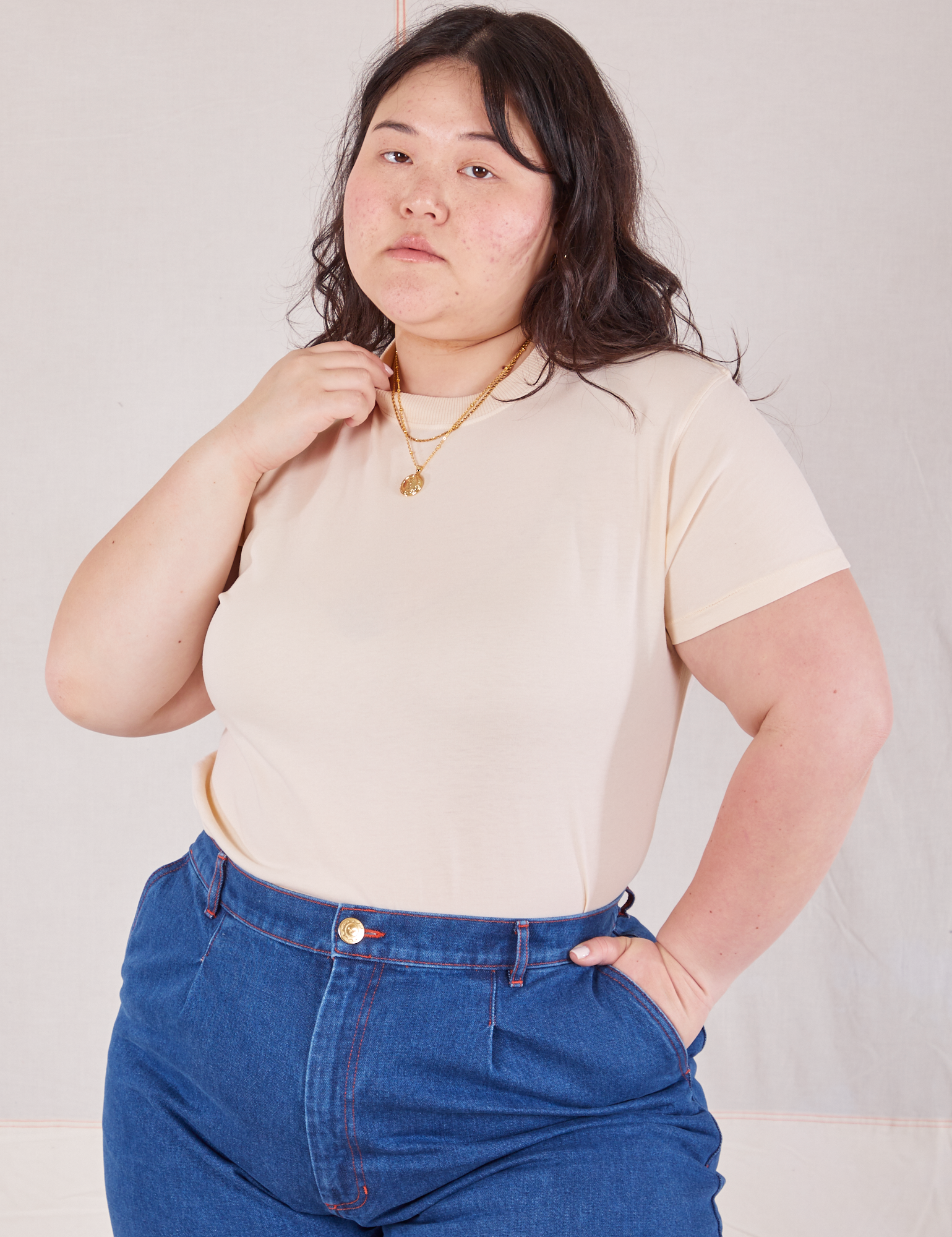 Ashley is wearing Organic Vintage Tee in Vintage Tee Off-White