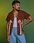 Jesse is 5'8" and wearing XS Paintstamped Pantry Button-Up in Mushroom