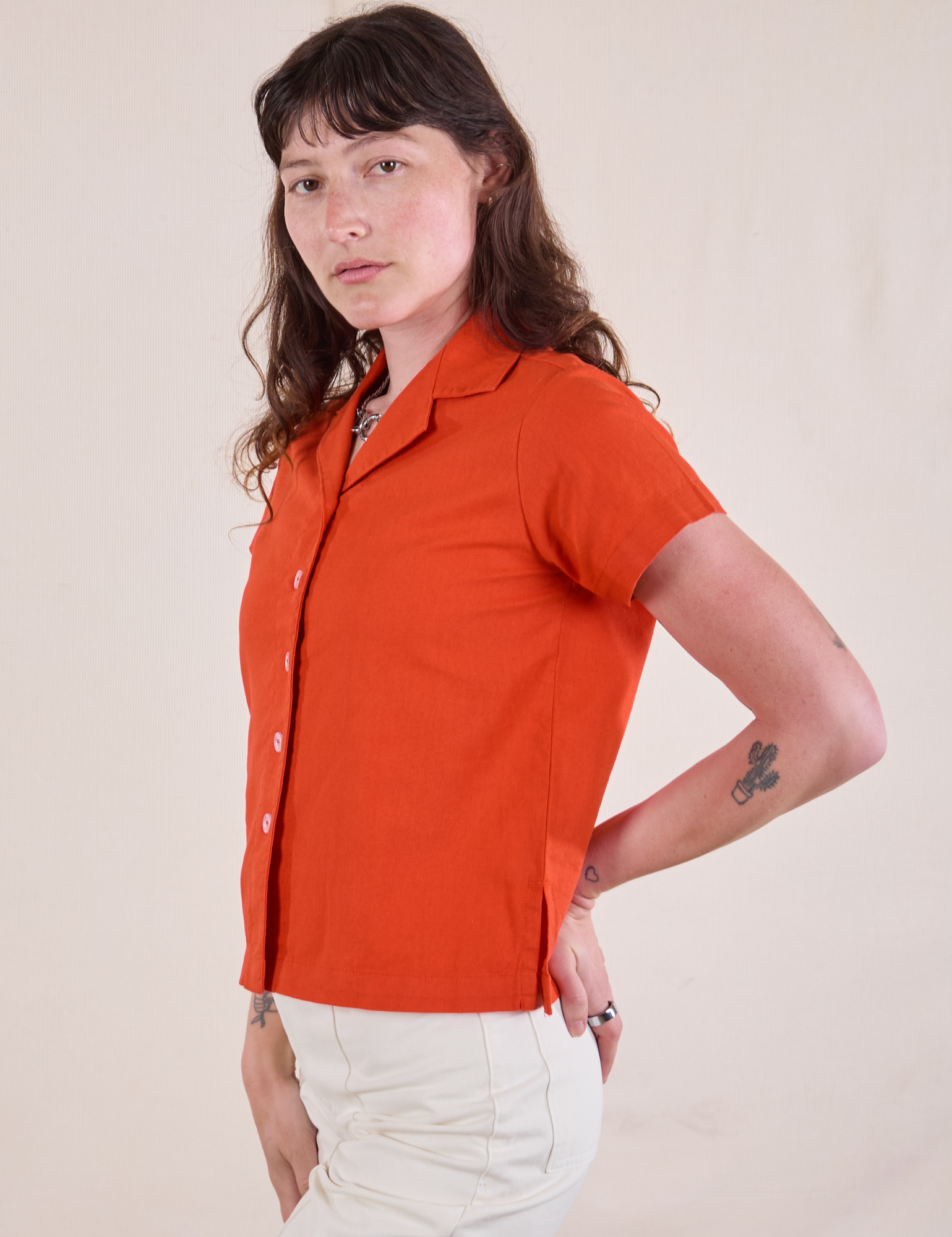Pantry Button-Up in Chili Red side view on Alex