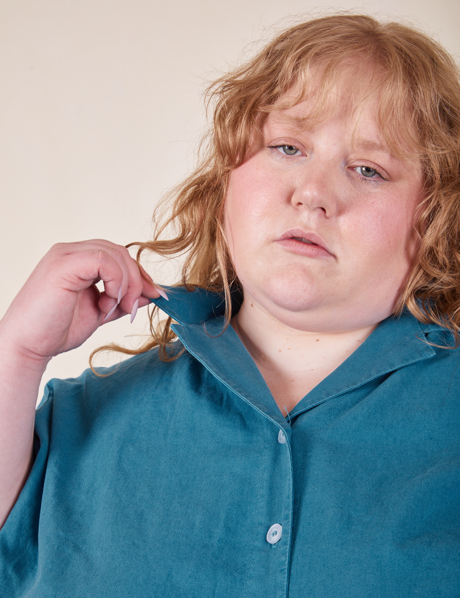 Front close up of Pantry Button-Up in Marine Blue worn by Catie