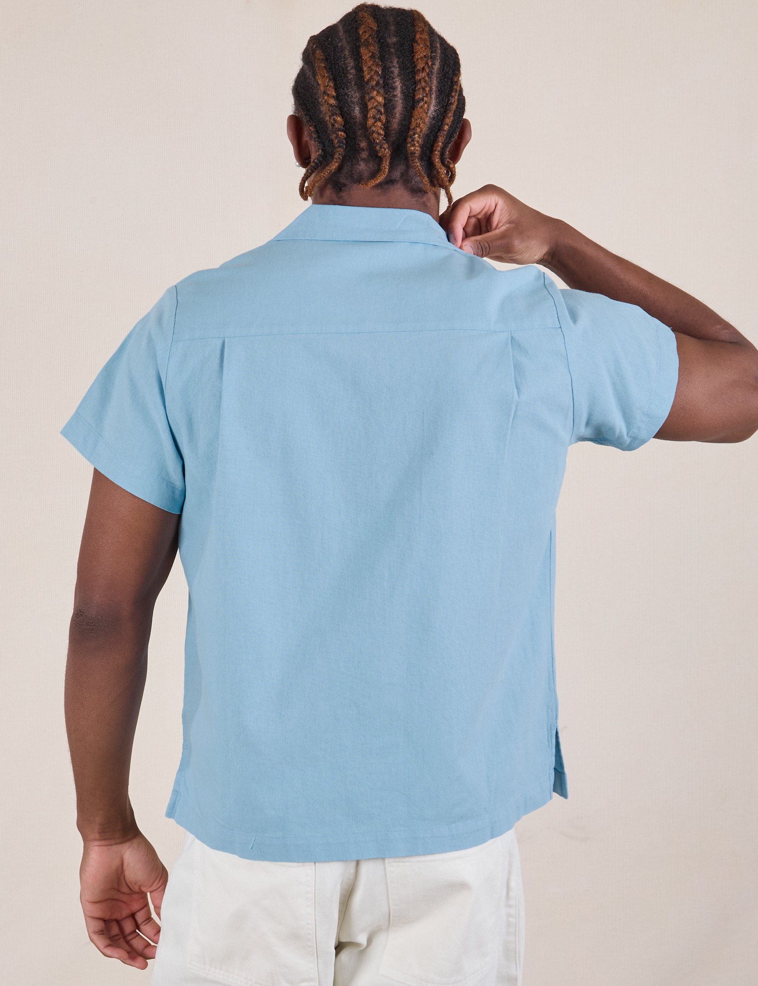 Pantry Button-Up in Baby Blue back view on Isaac
