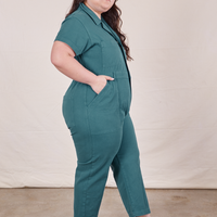 Petite Short Sleeve Jumpsuit in Marine Blue side view on Ashley