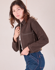 Mechanic Jacket in Fudgesicle Brown side view on Alex