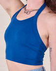 Halter Top in Royal Blue close up on Alex