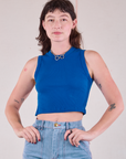 Alex is 5’8” and wearing P Muscle Tee in Royal Blue