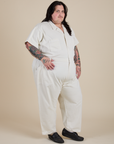 Angled front view of Short Sleeve Jumpsuit in Vintage Tee White on Sam