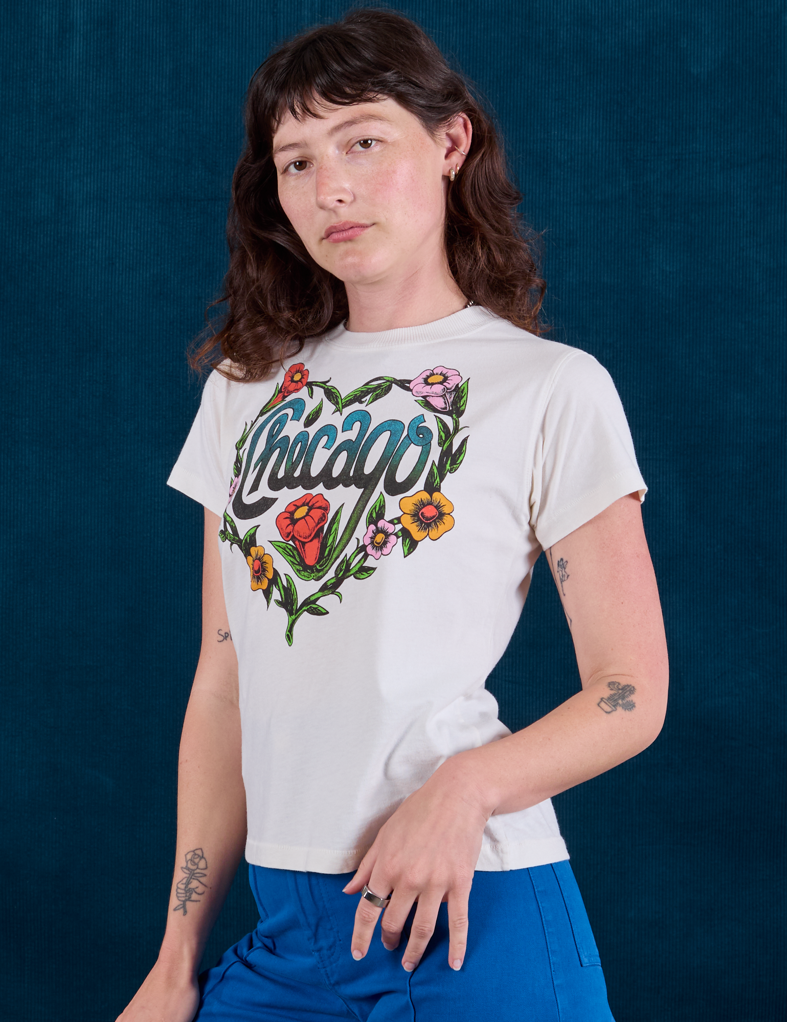 Chicago Tourist Tee angled front view on Alex