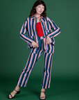 Alex is wearing Stripe Work Jacket in Pacific Stripe paired with Work Pants