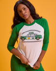 Kandia is 5'3" and wearing XS Taxi Raglan Tee in Chicago