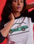 Taxi Raglan Tee in Los Angeles front close up on Kandia