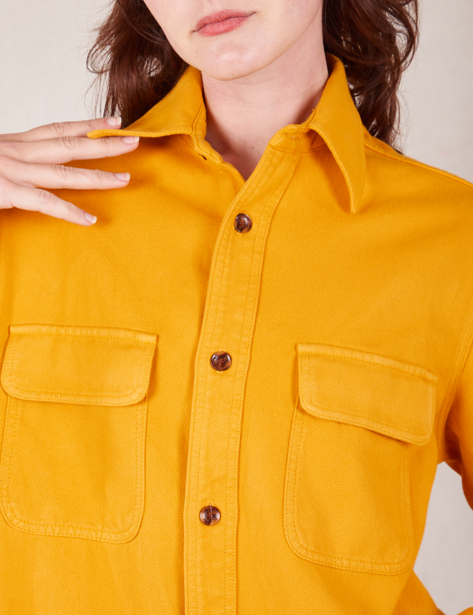 Front close up of Flannel Overshirt in Mustard Yellow on Alex