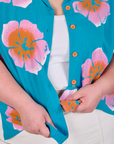 Paintstamped Pantry Button-Up in Hawaiian Blue front close up on Ashley
